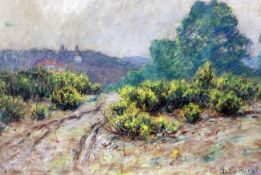 Wynford Dewhurst (1864-1941)pastel,French landscape with track leading to a town,signed,12 x 19in.