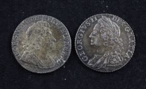 A George I shilling 1723 and a George II shilling 1758, the 1703 shilling with SSC in angles, EF,