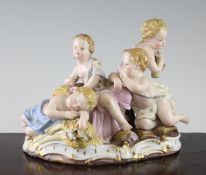 A Meissen group of putti emblematic of Autumn, late 19th century, surrounded by wheat sheaves on a