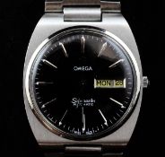 A gentleman`s 1970`s stainless steel Omega Seamaster Automatic, the black dial with baton numerals