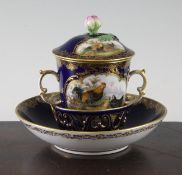 A Meissen cobalt blue ground chocolate cup, cover and trembleuse saucer, 19th century, the cup and