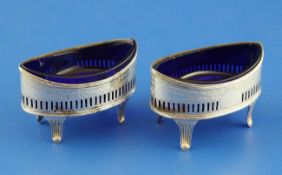 A pair of George III pierced silver navette shaped salts by Peter, Ann & William Bateman, with