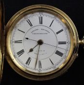 A late Victorian 18ct gold keyless lever hunter chronograph pocket watch by J. Davis, Manchester,