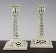 A pair of `Leeds` pottery pierced candlesticks, probably Senior Family, late 19th / early 20th