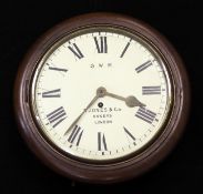 A GWR mahogany cased wall timepiece, with painted Roman dial signed GWR R. Jones & Co Makers,