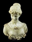 A large late 19th century carved alabaster bust of a young maiden, unsigned, 23in.