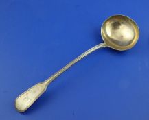 A George IV silver fiddle and thread pattern soup ladle, with engraved armorial, William Chawner