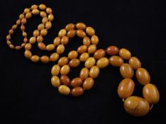 A single strand graduated oval yellow amber bead necklace, gross 119 grams, 48in.