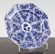 A Chinese blue and white octagonal saucer dish, Kangxi period, painted with repeating panels of