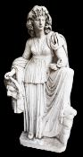 A large 19th century plaster figure, depicting Judith and the head of Holofernes, on plinth base,