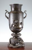 A large Japanese bronze vase, Meiji period, finely cast with birds perched on a pine branch, with a