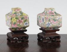 A pair of Chinese `thousand flower` square small vases, Qianlong four character mark, late 19th /