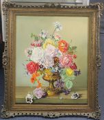 Peter F. Fulleroil on canvas,Still life of flowers in a gilt urn,signed,24 x 20in.