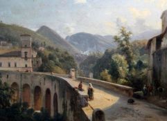 19th century English Schooloil on canvas,Italian landscape with figures on a viaduct,19.5 x 27in.