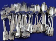 A late Victorian thirty six piece canteen of silver fiddle pattern flatware, comprising twelve
