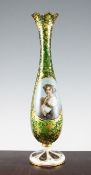 A Bohemian green and white overlaid glass tall vase, late 19th century, finely painted to oval