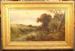 W* H* Davis (19th C.)oil on canvas,Boy anglers beside a stream,24 x 42in.