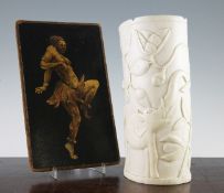 An early 20th century African ivory tusk carving, 11in., together with a rectangular painted panel