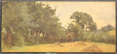 Eugène-Léon Labitte (b.1858)oil on wooden panel,La Moisson,signed,6.25 x 13.75in., unframed