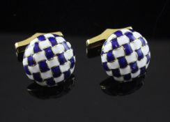 A pair of 14ct gold and blue and white chequered enamel cufflinks, signed Frank`s, of domed form,