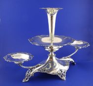 A George V silver centrepiece with central vase and shallow bowl flanked by two detachable dishes,