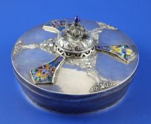 A good 1930`s Art`s & Crafts silver and cloisonne enamel circular box and cover by Rosa Agnes