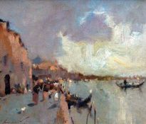 Ken Moroney (b.1949)oil on board,Pending storm, Guidecca, Venice,signed,5.5 x 6.5in.