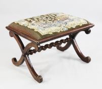 A 19th century mahogany X frame stool, with tapestry upholstered rectangular top and barley twist