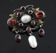 A late 19th century Austro-Hungarian garnet, mother of pearl and polychrome enamel drop brooch, of