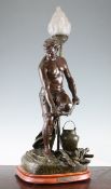After Rousseau. `Le Bivouac`, a bronzed spelter figural table lamp, 25in.