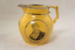 A rare Sir Francis Burdett MP commemorative jug, c.1810, transfer printed in black with a portrait