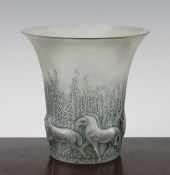 A Rene Lalique Chevaux pattern grey frosted glass vase, c.1930, with green staining, engraved