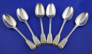 A set of six Victorian silver fiddle and thread pattern table spoons by George Adams, with engraved