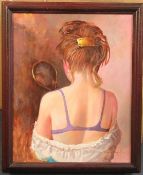 Raymond Campbell (20th C.)oil on board,`Sandy`, portrait of a girl with a mirror,signed,16 x 20in.