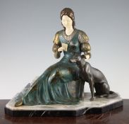 A French Art Deco bronze spelter and ivory figure of a lady seated beside a hound, on marble plinth