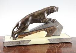 A French Art Deco bronzed spelter model of a black panther, on two colour marble base, 18in.