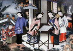 A Chinese reverse painted glass picture, 19th century, decorated with the four beauties and an