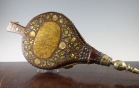 A pair of 17th century and later Italian mother of pearl inlaid bellows, with brass studs and