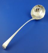 A George III silver bright cut engraved Old English pattern soup ladle, with engraved armorial and