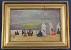 Margaret Chapman (1940-2000)oil on board,`Crinolines Sur La Plage`,signed and dated 1887,9 x 13.