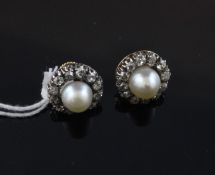 A pair of gold, natural pearl and diamond cluster ear studs, with Gem & Pearl Laboratory