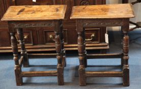 A pair of 18th century oak joynt stools, with ring turned supports, both with makers initials D.S.,