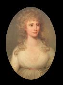 18th century English Schooloil on canvas,Portrait of a lady wearing a white dress,oval,26 x 20in.