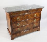 A late 19th century French burr walnut marble topped commode, with cushion frieze drawer over three