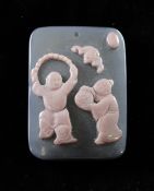 A Chinese chalcedony cameo plaque, carved in high relief with two figures and a bat beneath a