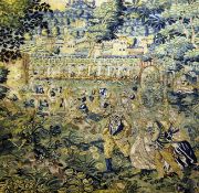 A 17th century Flemish tapestry, depicting medieval figures in a building, in wooded setting, W.5ft