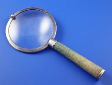 A George V silver and shagreen mounted magnifying glass, retailed by Asprey, London, with tapering
