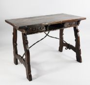 An 18th century Spanish walnut side table, with two frieze drawers, on trestle end supports and