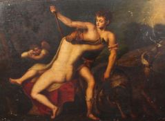 After Titianoil on wooden panel,Venus and Adonis,23 x 32in., unframed