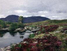 George Houston (1869-1947)oil on canvas,Heather beside a moorland stream,signed,18 x 24in.